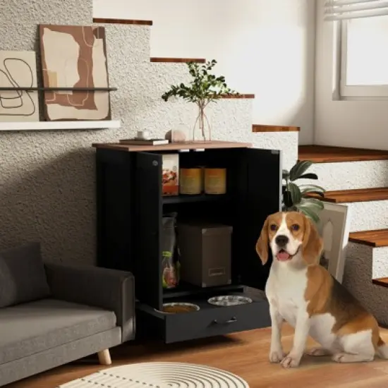 DSVIMOY Dog Feeding Station, Dog Food Storage Cabinet with Hidden Dog Bowls, Adjustable Panel, Hooks for Medium Sized Dogs, Black, 23.6"*13.8"*31.5" image {3}