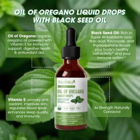 Mulittea Oregano Oil Liquld Drops &ndash; 80% Carvacrol, Black Seed & Vitamin E | Immune, Digestive & Antioxidant Support | 2 fl oz image {5}
