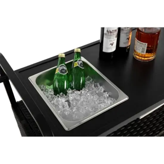 Outdoor Bar Table, Wicker Bar Cart with Cabinet, Patio Serving Cart with steel Top, with a ice bucket, Lockable Wheels, Side Basket image {5}