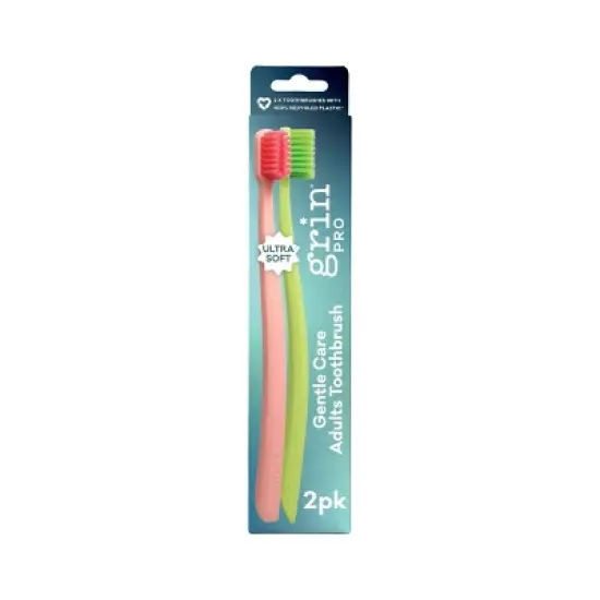 Grin Pro Ultimate 100% Recycled Plastic Handle Gentle Care Toothbrushes - Ultra Soft - Green/Pink - 2ct image {1}