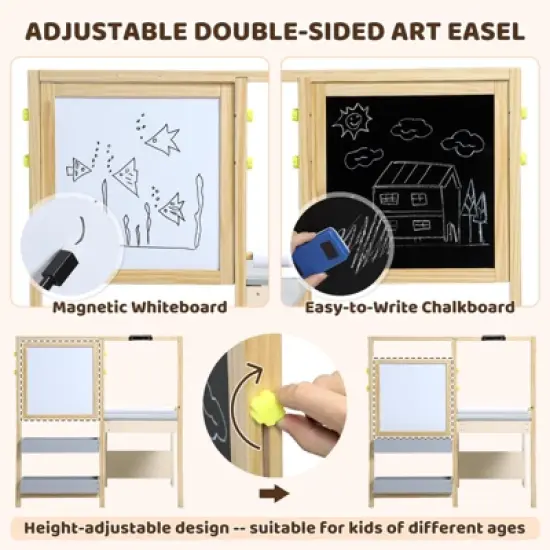Wooden Easel for Kids, Kids Art Table and 2 Chairs,Art Center with Double-Sided Blackboard & Whiteboard, Paper Roll for Drawing image {3}