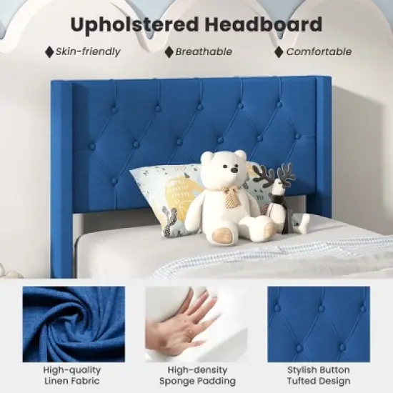 Costway Twin Size Upholstered Platform Bed with Button Tufted Wingback Headboard Blue/Grey image {4}