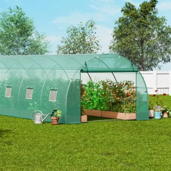 VEVOR Walk-in Tunnel Greenhouse, 29.2x9.7x6.5 ft Hoop House Greenhouse Tunnel with Galvanized Steel Frame, Green PE Cover, 12 Windows image {1}