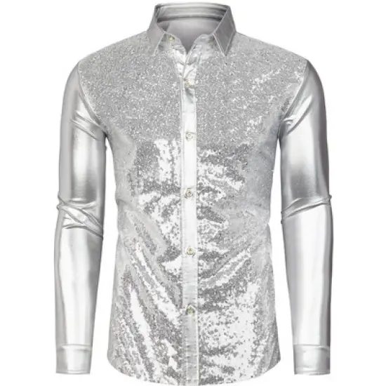 Lars Amadeus Men's Shiny Sequins Slim Fit Long Sleeves Button Down Disco Party Shirt image {7}