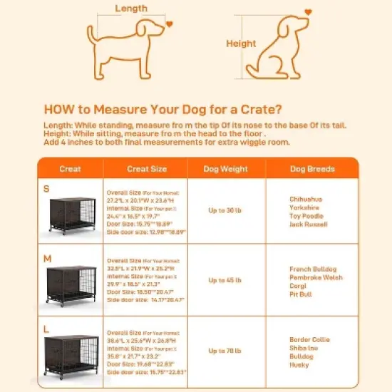 Whizmax Dog Crate Furniture, 32.5'' Wooden Dog Kennel with Wheels and Double Door, Decorative Pet House with Removable Tray for Living Room, Bedroom image {5}
