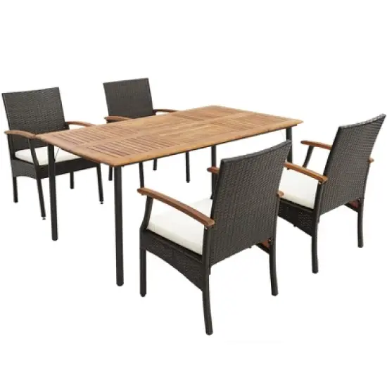 Costway 7PCS Patio  Dining Set Cushion Acacia Wood Armrests Table with Umbrella Hole image {8}