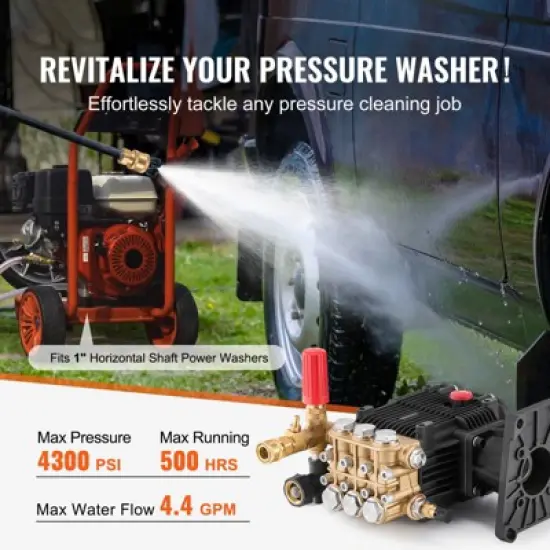 VEVOR Pressure Washer Pump, 1" Shaft Horizontal Triplex Plunger, 4300 PSI, 4.4GPM, Replacement Power Washer Pumps Kit with 5 Nozzles, Black image {2}