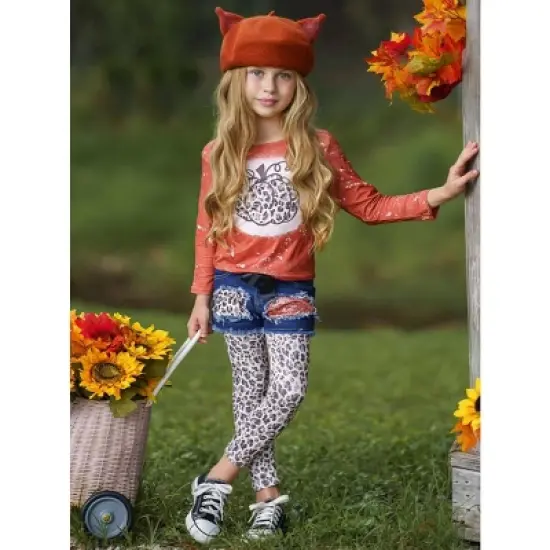Girls Posh Pumpkin Top, Patched Denim Shorts & Legging Set - Mia Belle Girls image {2}