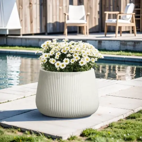 LuxenHome 15.5" Dia Round Concrete Planter Large Indoor Outdoor Plant Pot with Drainage Hole and Plug Modern Off-White Ripped Flower Pot image {1}