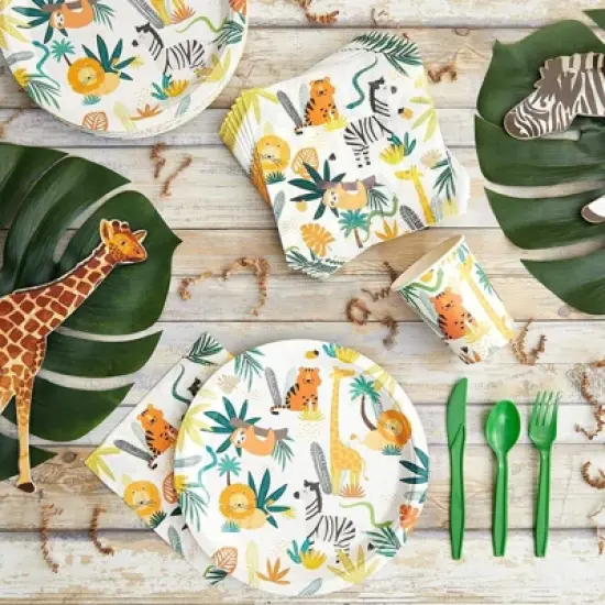 Blue Panda 144 Piece Jungle Safari Theme Birthday Party Decorations, Zoo Animal Dinnerware Plates, Napkins, Cups, and Cutlery image {2}