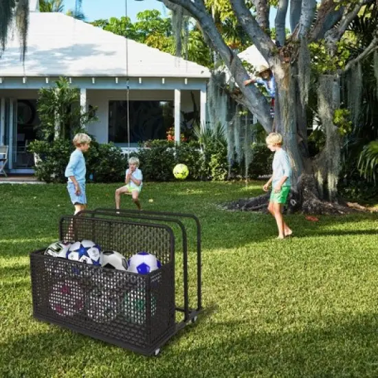 Pool Storage Bin, Rolling Poolside Float Storage with Towel Rack and Wheels, PE Rattan Mesh Organizer image {2}