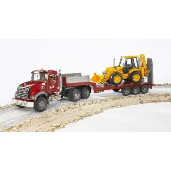 Bruder MACK Granite Flatbed Truck with JCB Loader backhoe image {1}