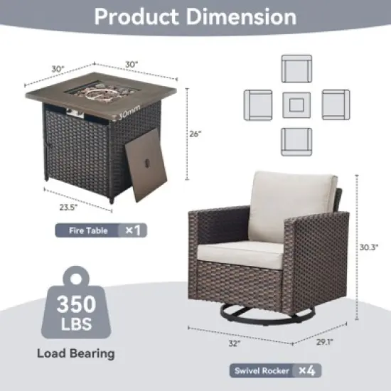 POCASSY 5 Pieces Outdoor Furniture Set with Fire Pit Table - All Weather Brown Wicker Swivel Patio Chairs Set of 4 with 30" Propane Firepit Table image {10}