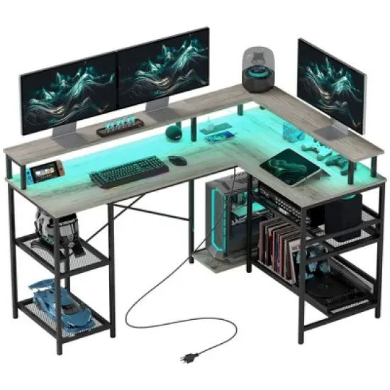 HOMCOM L Shaped Desk with LED Lights and Power Outlets, 59" Gaming Desk with Monitor Stand and Storage Shelves, Corner Computer Desk image {7}