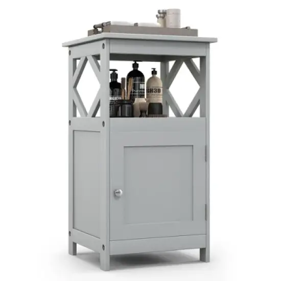 Costway Bathroom Floor Cabinet Side Storage Organizer with Open Shelf & Single Door Grey/White image {10}