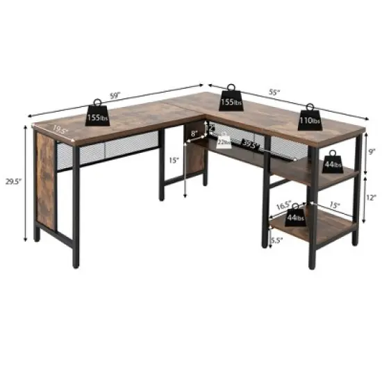 Costway Industrial L-Shaped Corner Computer Desk Office Workstation w/ Storage Shelves image {3}