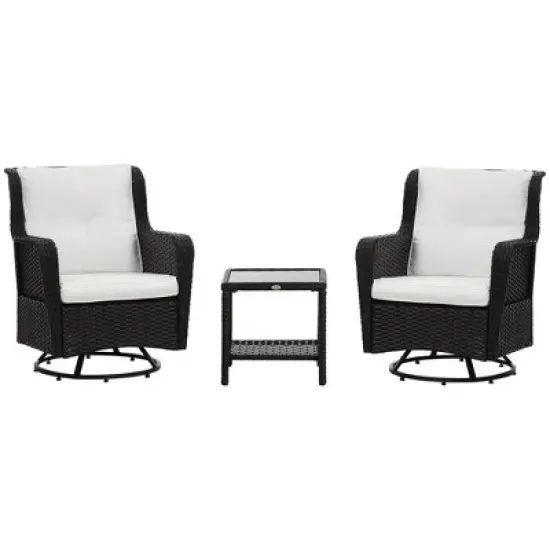 Outsunny 3-Piece Patio Bistro Set, PE Rattan Wicker Outdoor Furniture, Soft Cushions, 2 360 Swivel Rocking Chairs, 2-Tier Coffee Table image {8}