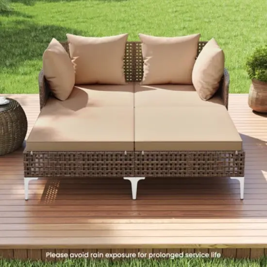 Tangkula Outdoor Rattan Double Daybed Wicker Chaise Lounge for 2 w/ Seat & Back Cushions image {1}