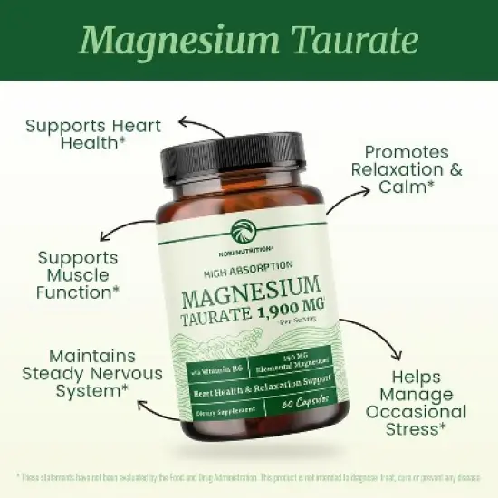 High Absorption Magnesium Taurate Capsules, 1900MG Mag Taurate with Vitamin B6 Supplement for Heart Health & Relaxation Support, Nobi Nutrition, 60ct image {1}