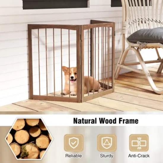 Costway 30&rdquo; Tall Pet Gate Wooden Dog Fence w/180&deg; Rotation 3-Panel Room Divider Barrier for Doorway Hallway Stairs Brown image {6}