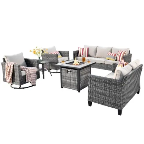 Ovios Tampa 6pc Wicker Outdoor Patio Furniture Set Conversation Sofa Loveseat with a Fire Pit, Swivel Chairs and Cushions image {1}