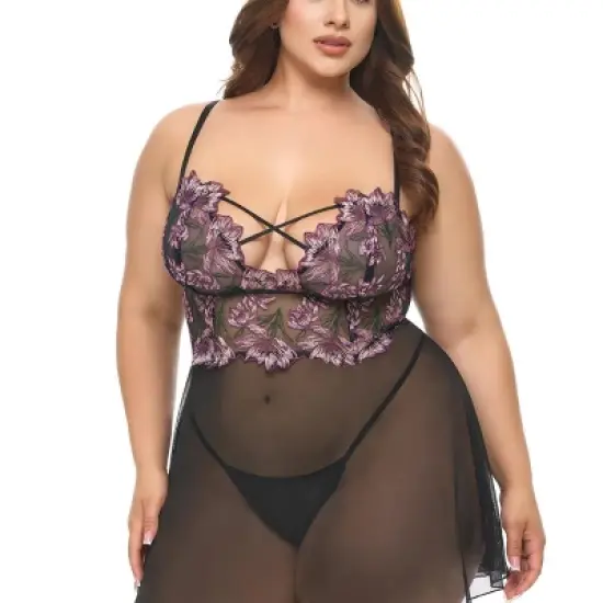 Oh La La Cheri Women's Adela Floral Sheer Babydoll 75-12054X image {4}