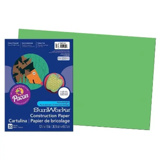 Pacon SunWorks 12" x 18" Construction Paper Bright Green 50 Sheets/Pack 5 Packs (PAC9607-5) image {1}