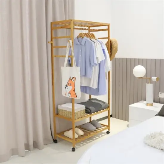 Artloge Heavy Duty Freestanding Bamboo Clothes Rail Shelf Rolling Garment Closet Wooden  Organizer Stand with 3 Tier Storage Shelf & Lockable Wheels image {9}