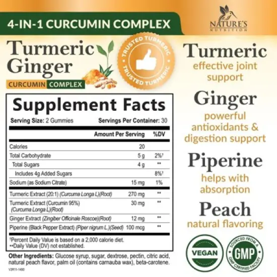 Turmeric Gummies with Black Pepper & Ginger for Best Absorption, 95% Curcuminoids Tumeric Curcumin - 60 Gummies By Nature's Nutrition image {1}