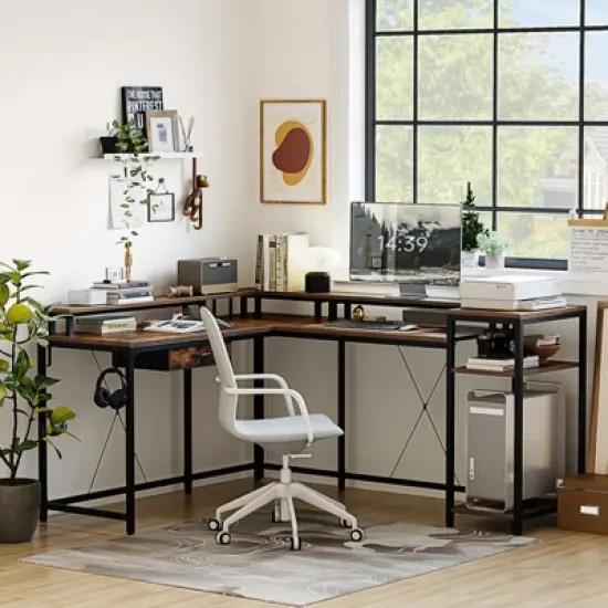 L Shaped Gaming Desk,68" Computer Desk, Home Office Desk with File Drawer, Corner Desk with Monitor Shelf and Hook, Two Person Desk image {6}