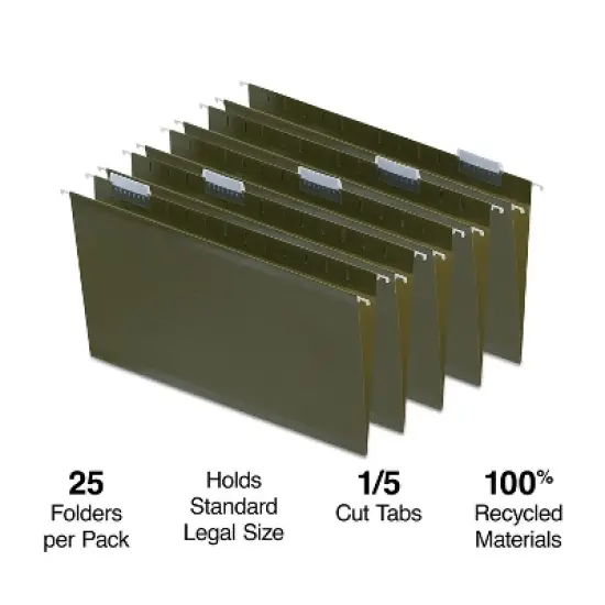 MyOfficeInnovations Recycled Reinforced Hanging File Folders 5-Tab Lgl Std Gn 25/BX 726595 image {1}
