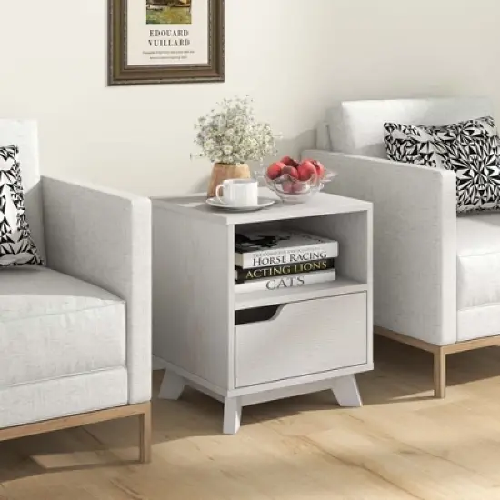 Costway 1/2 PCS Nightstand Sofa Side End Table with Storage Shelf & Drawer Space-Saving White image {3}