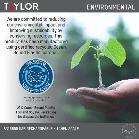 Taylor 11lb Digital Kitchen Food Scale USB with Ocean Bound Plastic Cream: Rechargeable LCD Display, 11lb Capacity image {4}