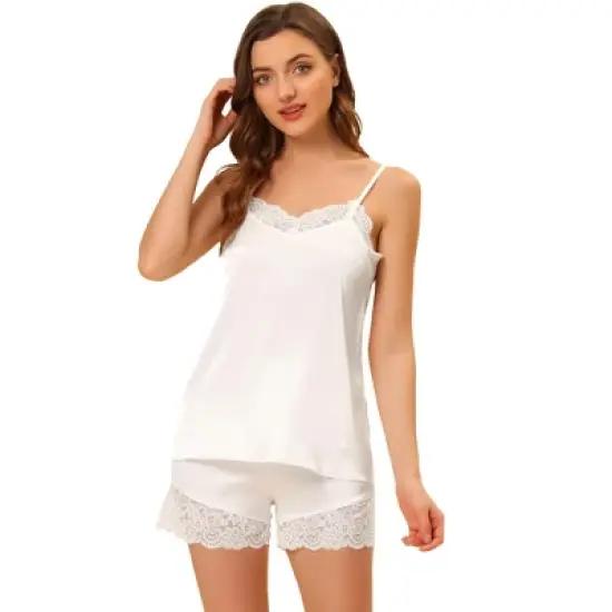 Allegra K Women's Satin Lace Trim Cami Tops with Shorts Lounge Pajama Set image {5}