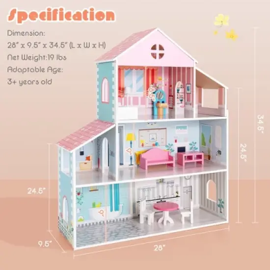 Costway Wooden Dollhouse For Kids 3-Tier Toddler Doll House W/Furniture Gift For Age 3+ image {7}