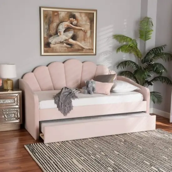 Timila Velvet Fabric Upholstered Daybed with Trundle Light Pink - Baxton Studio image {9}