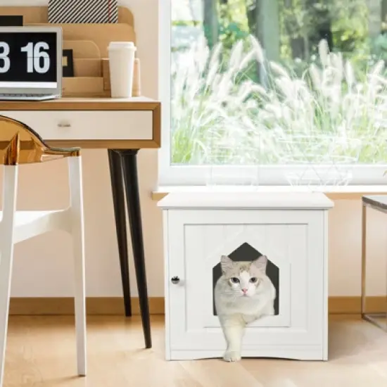 Tangkula Wooden Pet Cat House Litter Box Cat Washroom Nightstand Cat Storage Bench image {2}