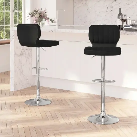 Merrick Lane Set of Two Swivel Bar Stools with Vertical Stitched Back and Adjustable Chrome Base with Footrest image {1}