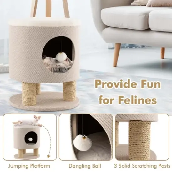 Costway 3-IN-1 Cat Condo Stool Kitty Bed with Scratching Posts & Plush Ball Toy Beige/Grey image {6}