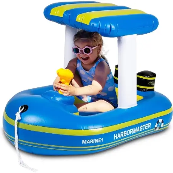 Zone Tech Inflatable Pool Boat Floats for Kids - Toddler Blue Harbor Master Inflatable Boat Pool Float Ride On with Fun Water Toy Squirter image {9}