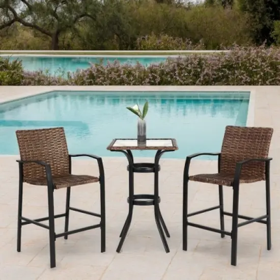 FIONECA 3-Piece Outdoor Rattan Bar Stool Set with Glass Table Top &uml;C Wicker Bar Chairs for Backyard, Garden, Pool, Balcony, and Deck, Brown image {11}