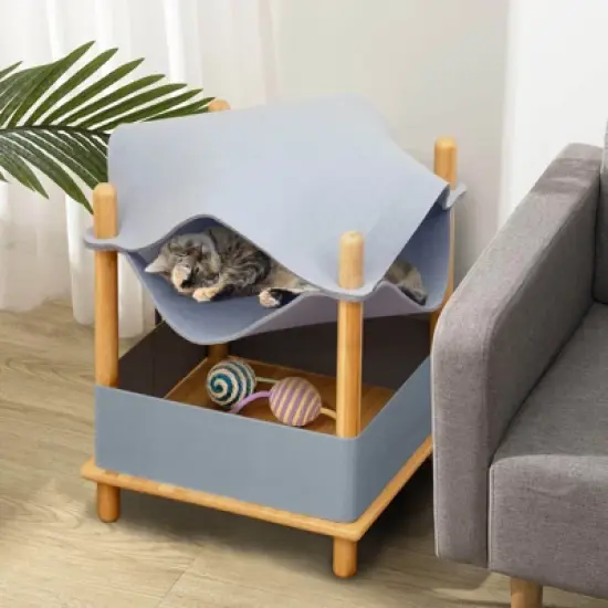 Costway 2-Tier Wooden Cat House Modern Cat Tree w/ Storage Space Small Pet Furniture for Indoor Kittens image {2}