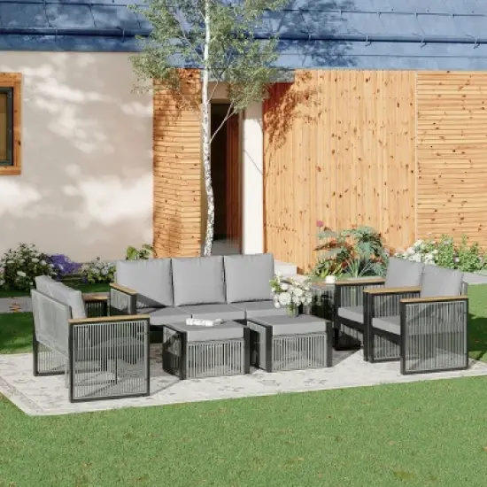 EROMMY 7 Pieces Modern Outdoor Conversation Set Sectional Sofa With Ottomans And Coffee Table image {9}