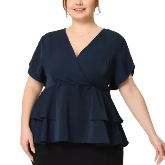 Agnes Orinda Women's Plus Size Peplum V Neck Ruffle Hem Buttons Front Work Formal Top image {6}