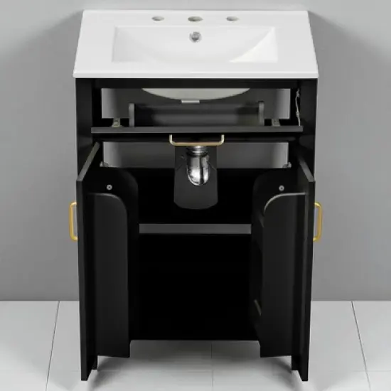 48" Freestanding Double Bathroom Vanity with Dual Ceramic Sinks, Solid Wood Cabinet with 4 Soft-Close Doors, No Faucet image {4}