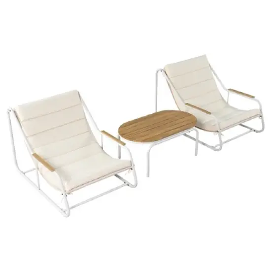 3 PCS Outdoor Patio Chaise Lounge Chair Set with Acacia Side Table, Cushioned Chair Pool Lounge Chair for Lawn Deck Beach,Beige+Black/White-ModernLuxe image {9}