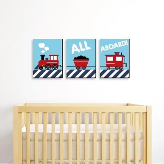 Big Dot of Happiness Railroad Crossing - Steam Train Baby Boy Nursery Wall Art and Kids Room Decor - Gift Ideas - 7.5 x 10 inches - Set of 3 Prints image {1}