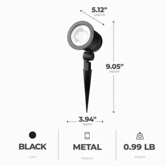 Fusion Wired Low-Voltage LED Spotlight, Metal Outdoor Patio Lawn Landscape Ground Stake Light with Adjustable Head, 1000 Lumens, Black image {2}