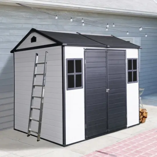 96.00"8 x 6ft Resin Outdoor Storage Shed Waterproof Shed with Floor & Two Windows & Lockable Door, Tool Shed for Garden,Black image {8}