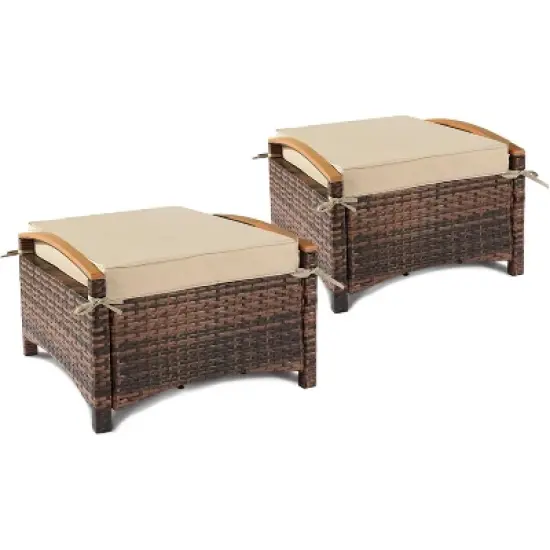 VINGLI Wicker Outdoor Ottoman Set of 2, All Weather PE Rattan Footstool for Patio w/Removable Cushions for Garden, Balcony image {8}